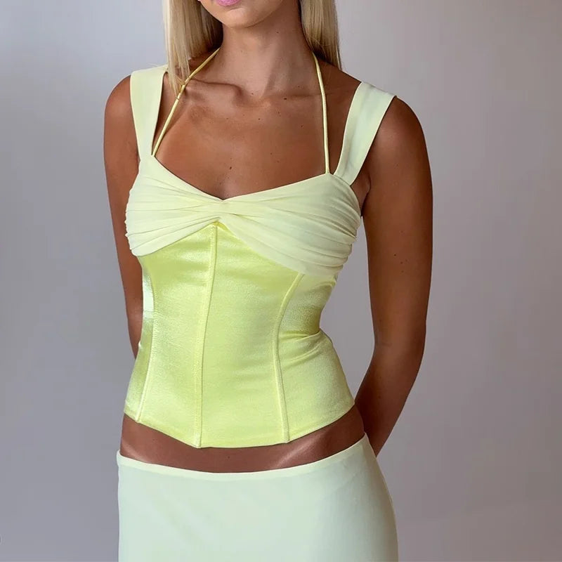 Candyhot Patchwork Sexy Backless Bandage Sleeveless Tops and Elegant Straight Long Skirt Summer  Evening New Women 2 Pieces Set