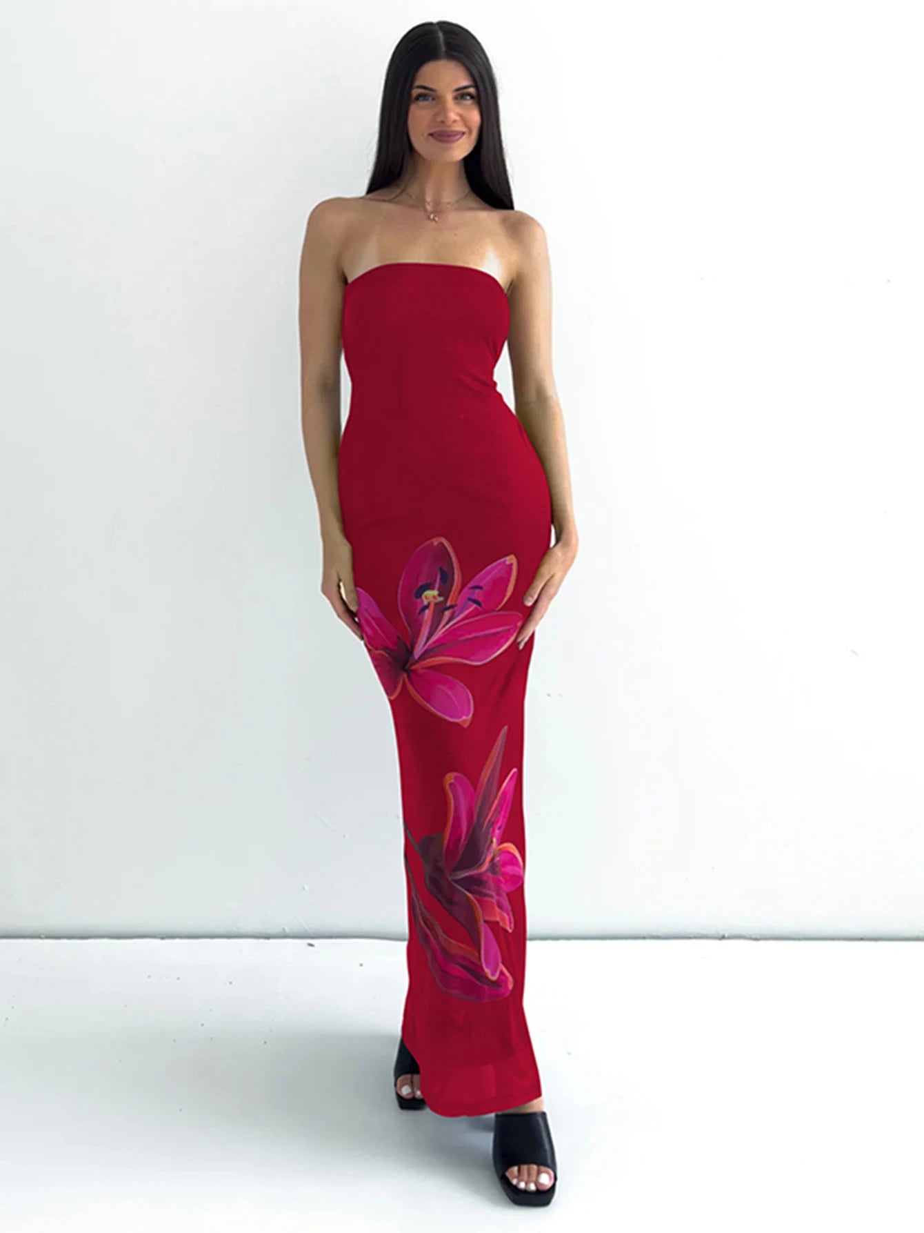 Dulzura Sleeveless Flower Print Tube Bodycon Midi Dress Backless Lace Up Elegant Sexy Outfit Party Club Autumn Winter
