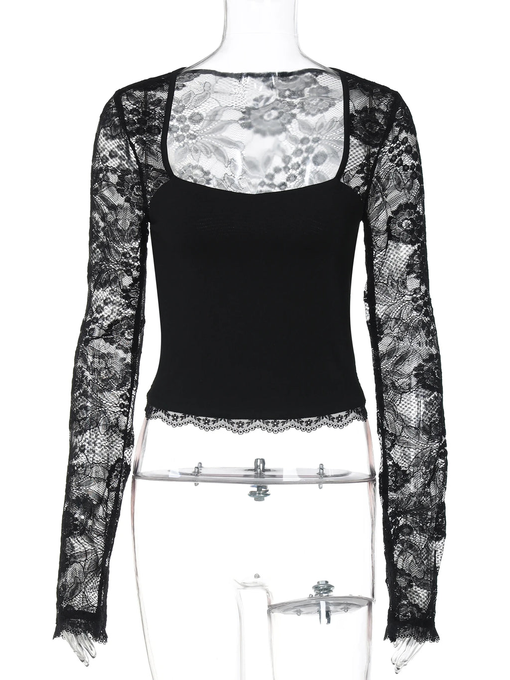 Hugcitar Women Fashion Square Collar Patchwork Lace Floral Print Long Sleeve Sexy Crop T-Shirt Sheer Summer Clothes Party Club