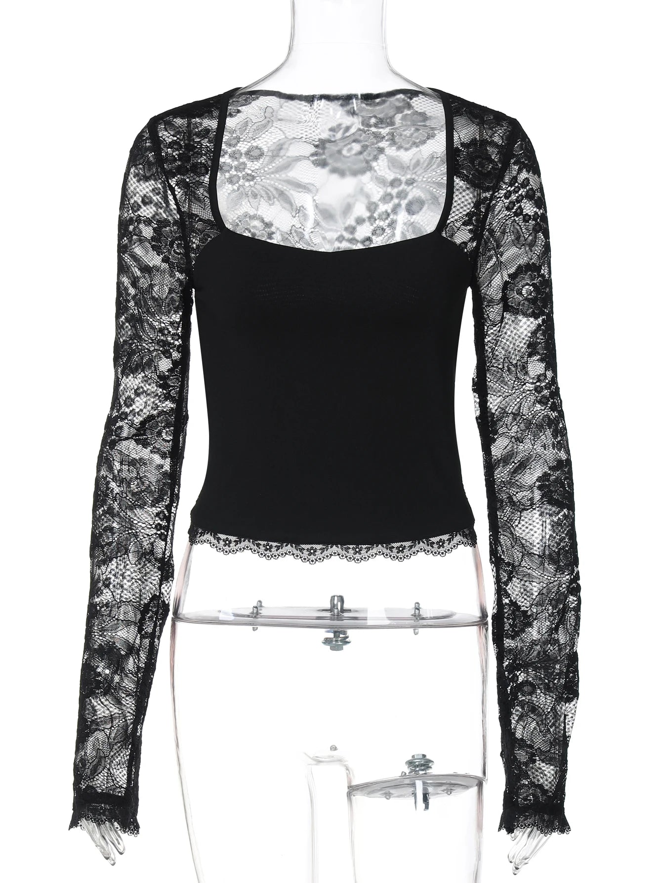 Hugcitar Women Fashion Square Collar Patchwork Lace Floral Print Long Sleeve Sexy Crop T-Shirt Sheer Summer Clothes Party Club