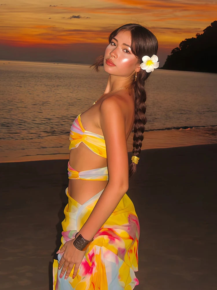 Nibber Mesh Colorful Print Strapless Dress Women Thin Irregular Multilayer  Side Knot Hollow Beach Vacation Club Mini Bodycon
