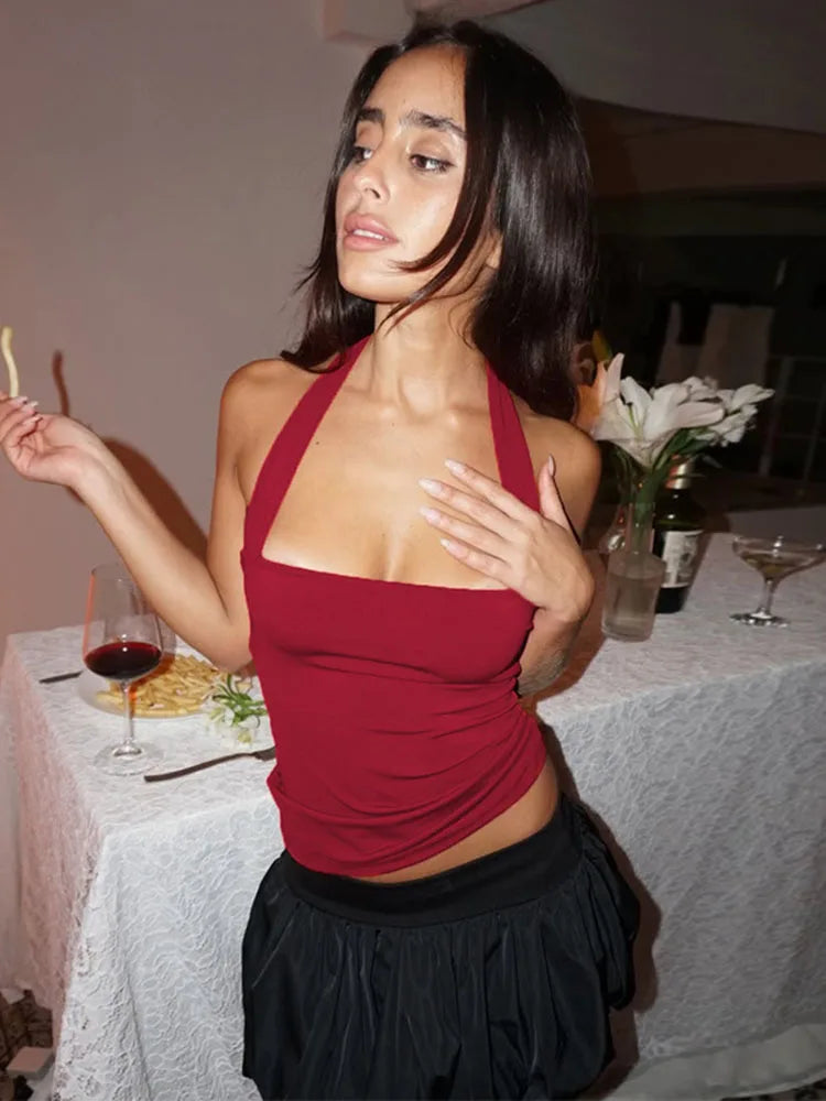Women's Sleeveless Halter Backless Lace-Up Crop Tank Top Bodycon Sexy Elegant Y2K Clubwear Summer Outfit for Party