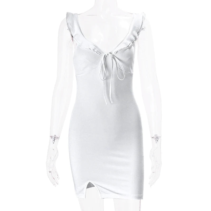 WhereMery Fashion Women Backless Sleeveless V-Neck Dress Elegant Ruffle Split Mini Summer 2024 Slim Party Clubwear Sexy Vestidos