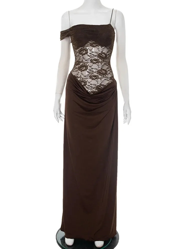 XIAOTANG One Shoulder Lace See Through Sexy Maxi Dress Women Gown Fashion Off-shoulder Sleeveless Backless Club Long Dresses