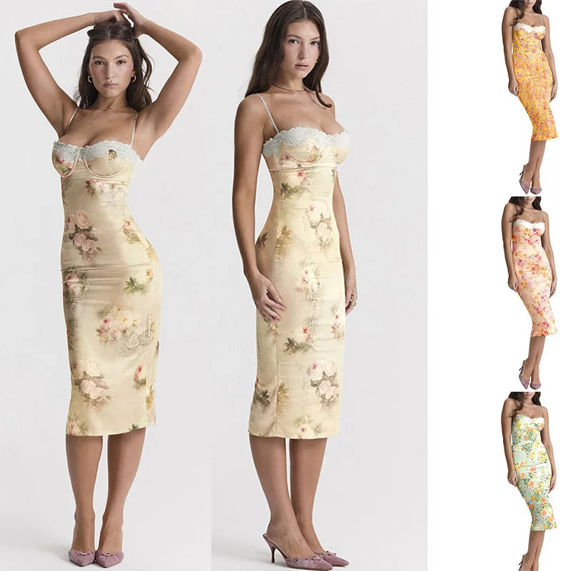Summer Women Sling Dresses New Streetwear Fashion Print Casual Slim Dress Female Sexy Lace Backless Split Knitted Dress Clothing