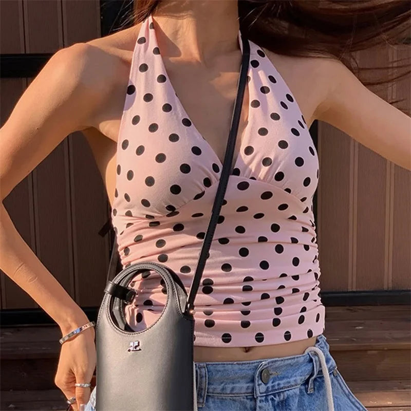 Women Sexy Halter Deep V Neck Top Slim Fit Backless Crop Tank Top Y2k Polka Dot Open Back Sleeveless Cami Tops