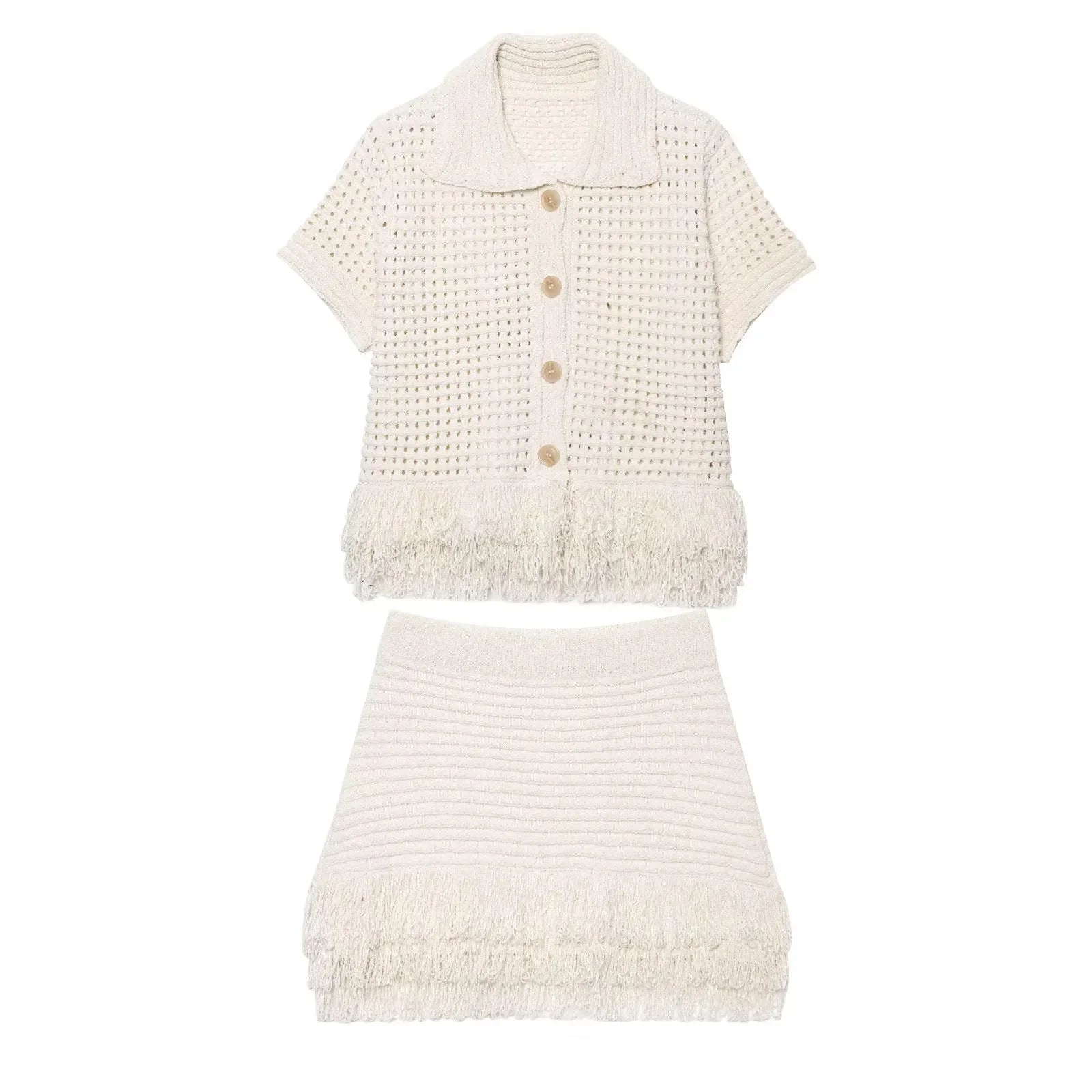 KONDALA 2025 Fall Winter Elegant Knitted Tassel Solid Women Suit Chic Turndown Collar Hollow Out Shirt Elastic Wasit Mini Skirt